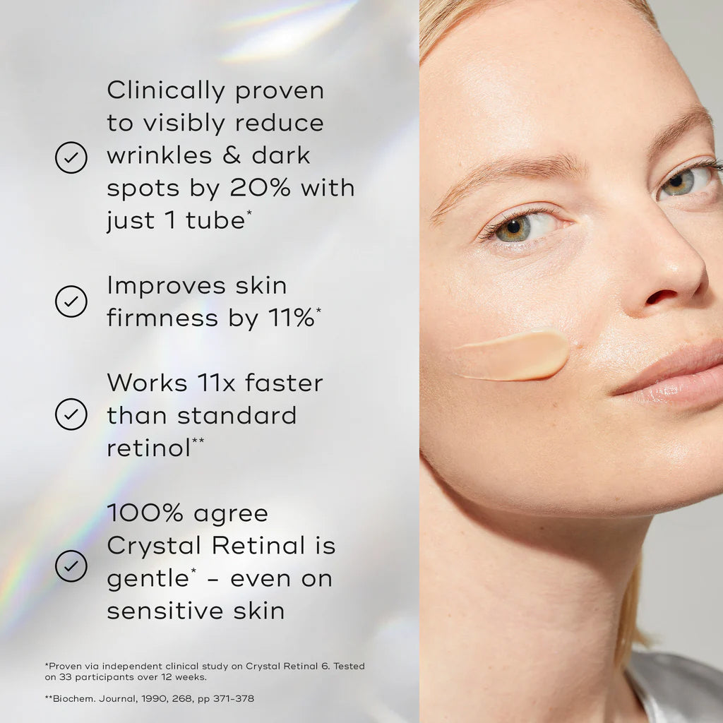 Medik8 Crystal Retinal 20 benefits: clinically proven to visibly reduce wrinkles and dark spots by 20% with one tube, improve skin firmness by 11%, and work 11 times faster than standard retinol, shown beside a woman with a serum swatch on her cheek.