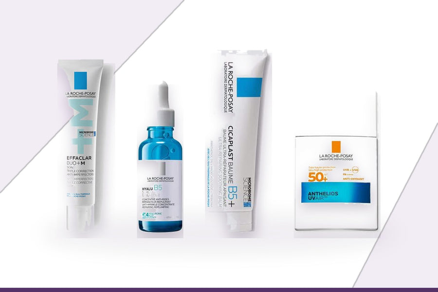 La Roche-Posay Effaclar Duo+M, Hyalu B5 Serum, Cicaplast Baume B5 and Anthelios UVAir SPF50+ together