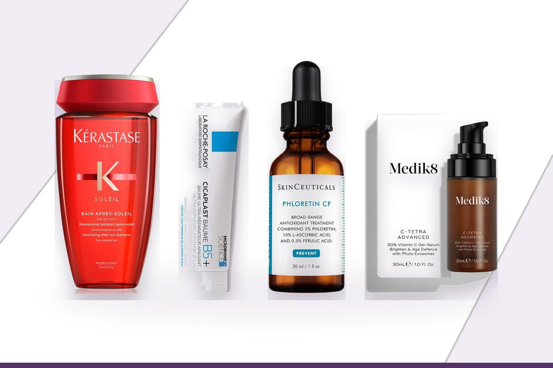 Kérastase Bain Après Soleil, La Roche-Posay Cicaplast Baume B5, SkinCeuticals Phloretin CF and Medik8 C-Tetra Advanced arranged for post-summer hair and skin repair