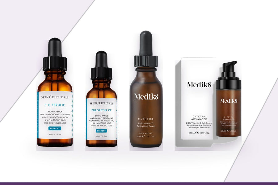 SkinCeuticals C E Ferulic and Phloretin CF beside Medik8 C-Tetra and C-Tetra Advanced vitamin C serums