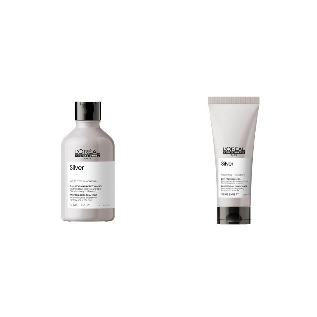 L'Oréal Professional Silver Shampoo 300ml and Conditioner 200ml on a white background