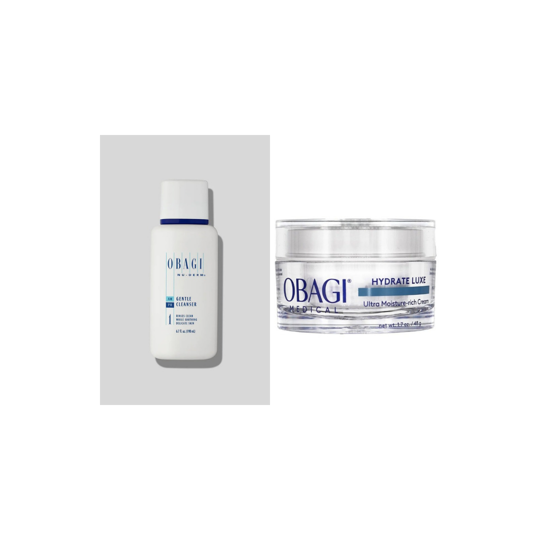 Obagi Nu-Derm Gentle Cleanser and Hydrate Luxe bundle, cleanse and overnight recovery duo for dry skin