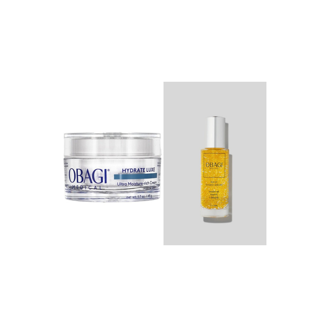 Obagi Hydrate Luxe and Daily Hydro-Drops bundle, overnight balm and hydrating serum for dry skin