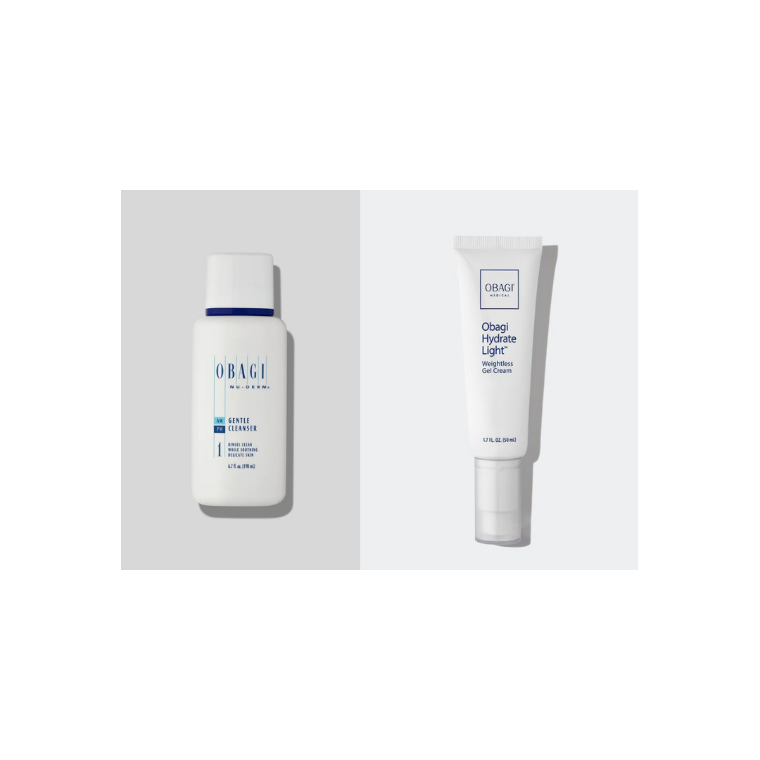 Obagi Nu-Derm Gentle Cleanser and Hydrate Light Gel Cream bundle, oil-free routine for combination skin