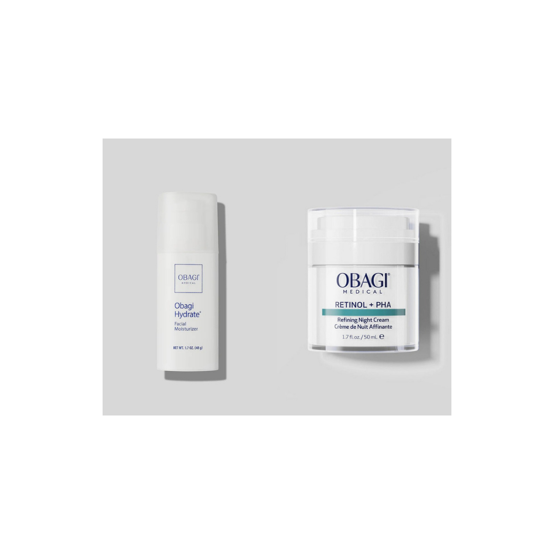Obagi Hydrate Facial Moisturiser and Retinol + PHA Night Cream bundle, day hydration and night renewal routine