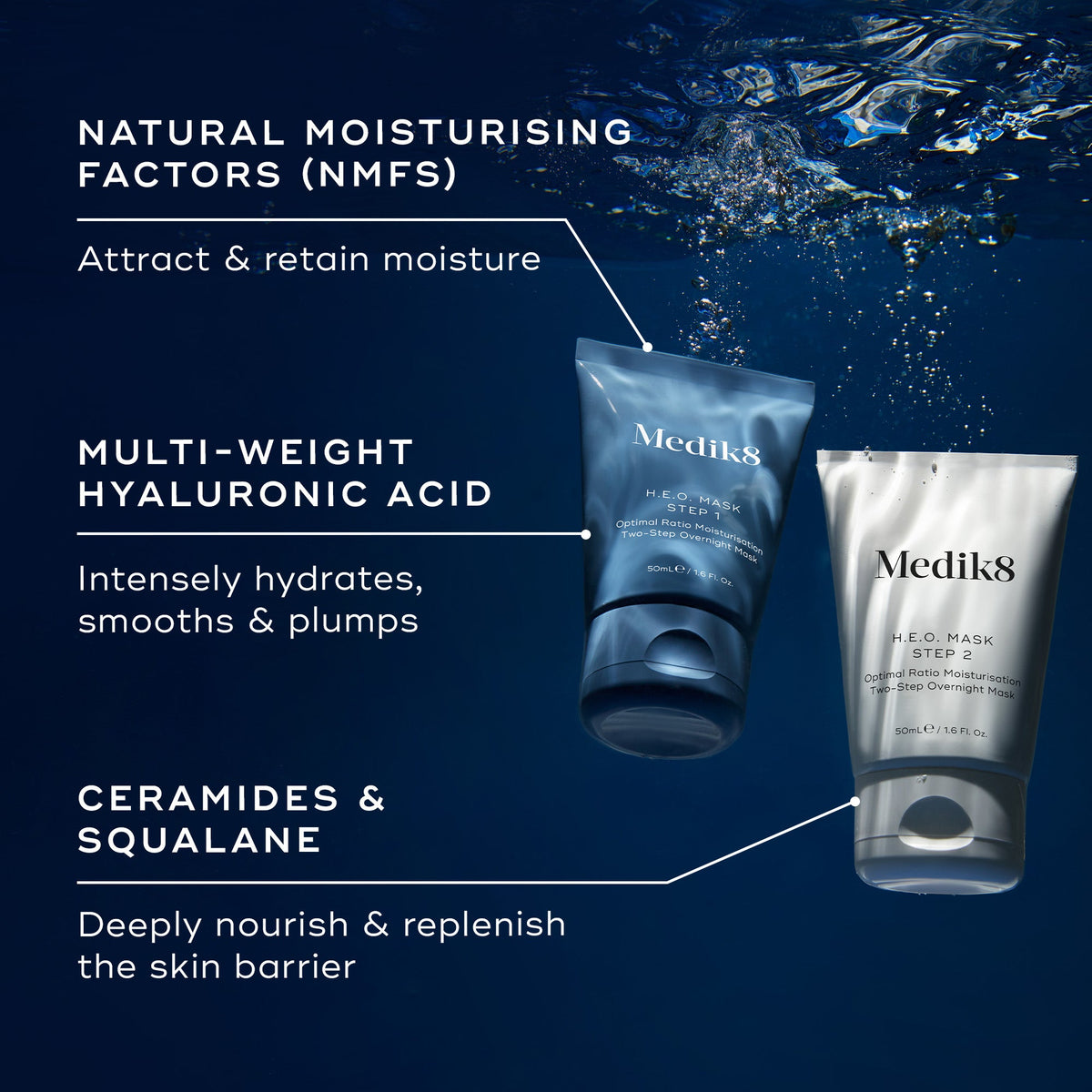 Medik8 H.E.O. Mask key ingredients - natural moisturising factors, multi-weight hyaluronic acid, ceramides and squalane