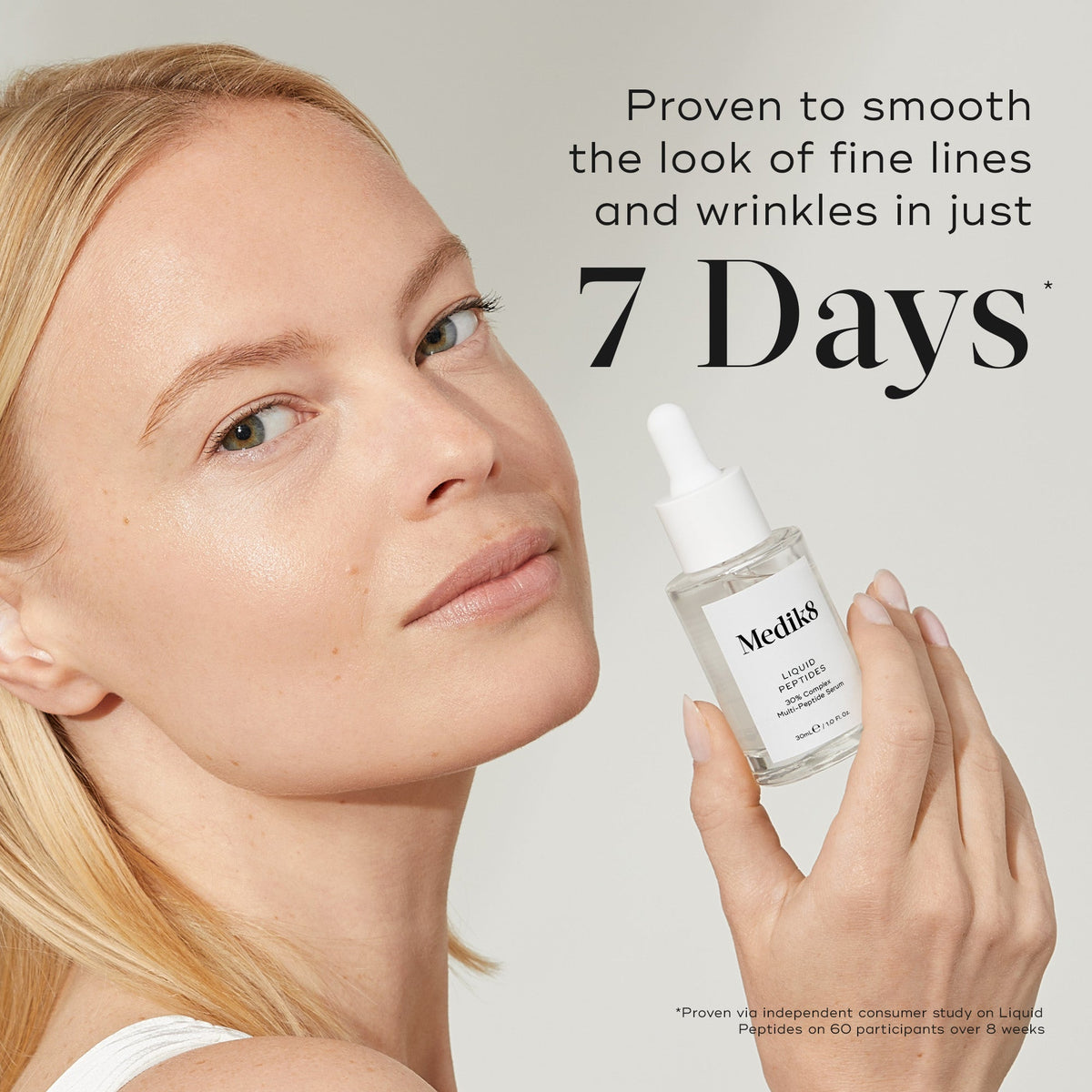 Medik8 Liquid Peptides proven to smooth the look of fine lines and wrinkles in just 7 days