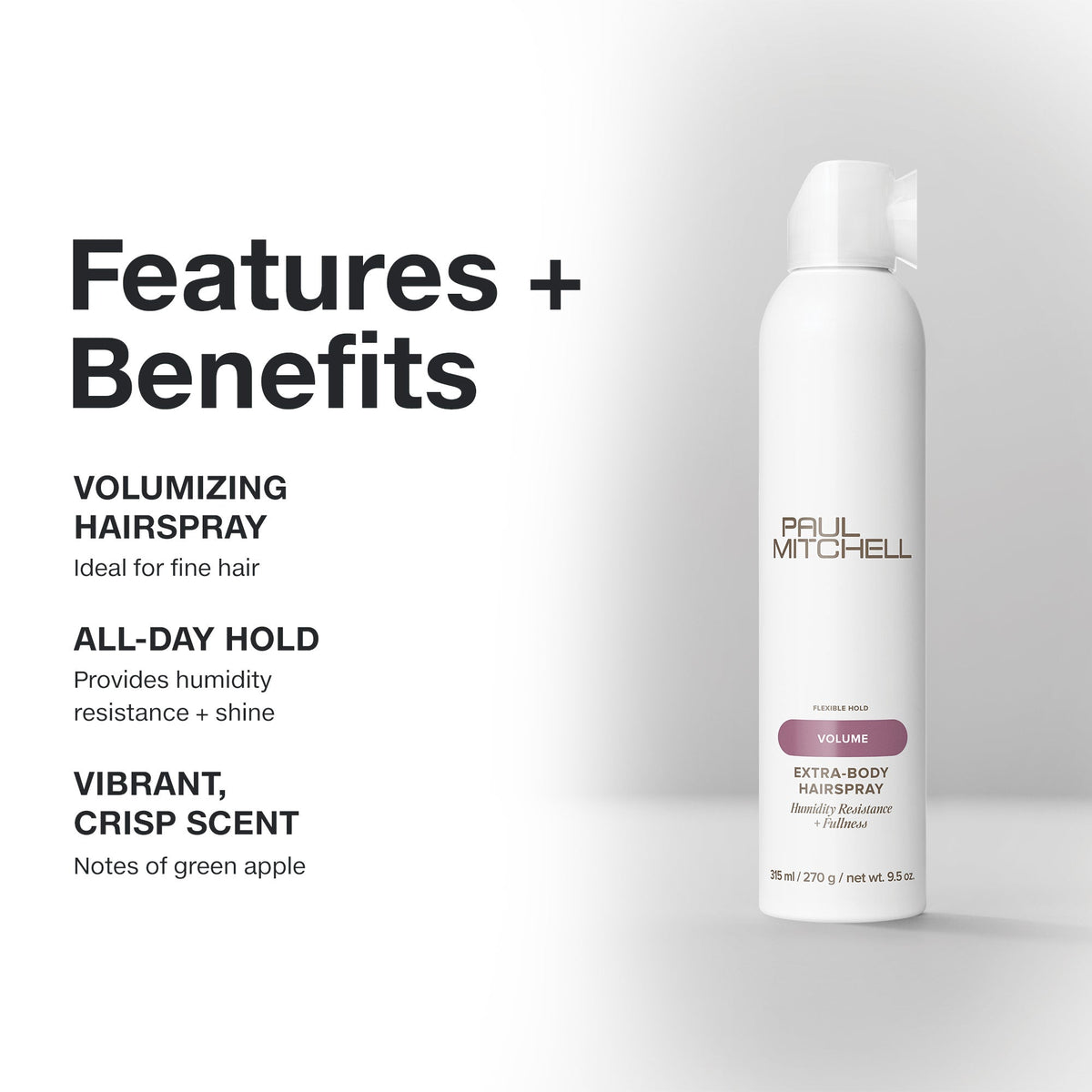 Paul Mitchell Extra-Body Finishing Spray features and benefits: fast-drying, volumising, humidity-resistant hold