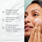 Medik8 Total Moisture Daily Face Cream benefits: infuses moisture into the lowest layers of the skin, instantly plumps and softens, and is clinically proven to boost skin barrier function by 30% in one hour, shown beside a woman applying the cream to her cheek.