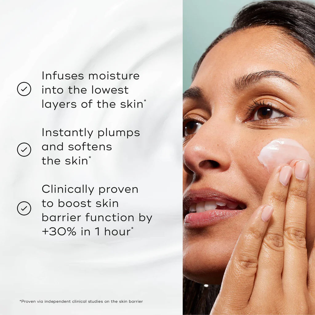 Medik8 Total Moisture Daily Face Cream benefits: infuses moisture into the lowest layers of the skin, instantly plumps and softens, and is clinically proven to boost skin barrier function by 30% in one hour, shown beside a woman applying the cream to her cheek.