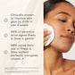 Medik8 Press & Glow benefits: clinically proven to improve skin glow by 20% in four weeks, with 96% of sensitive skins agreeing it is gentle, shown beside a woman sweeping a cotton pad across her cheek.
