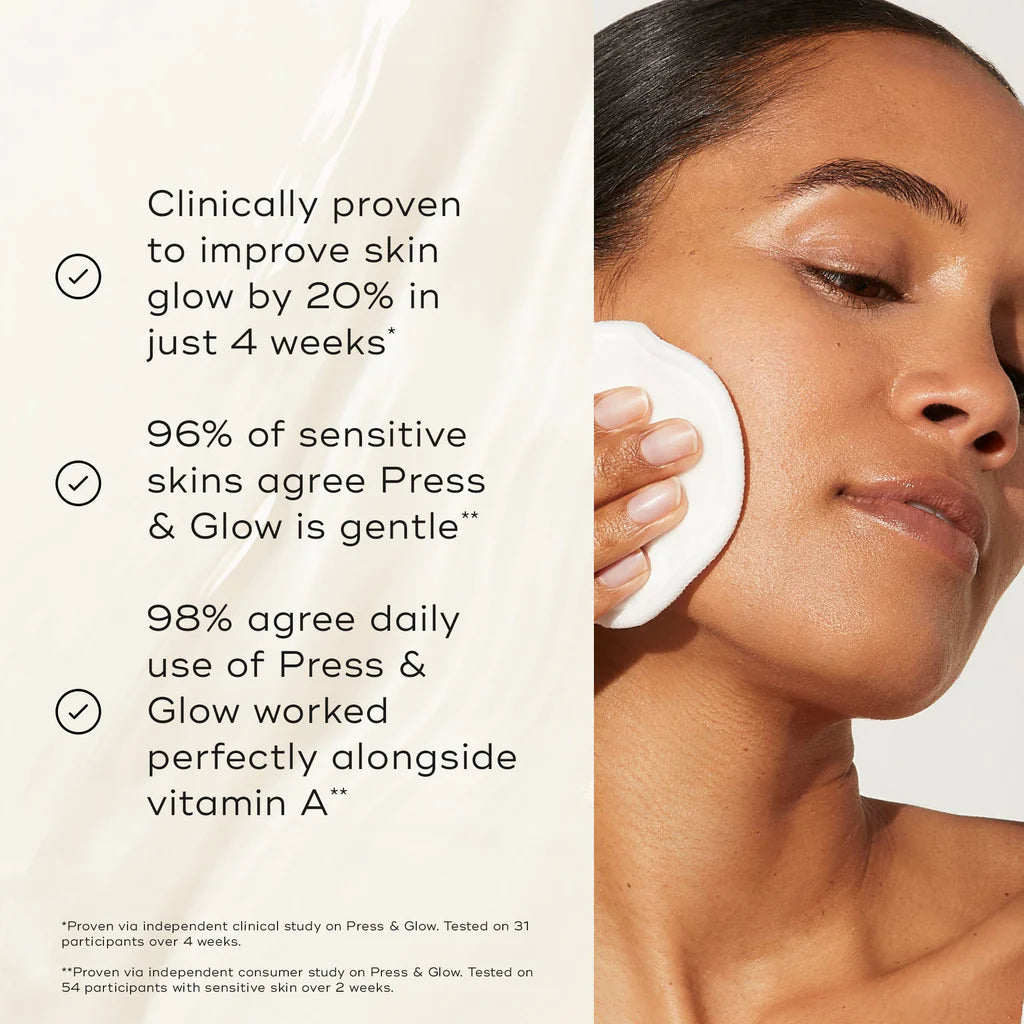 Medik8 Press & Glow benefits: clinically proven to improve skin glow by 20% in four weeks, with 96% of sensitive skins agreeing it is gentle, shown beside a woman sweeping a cotton pad across her cheek.