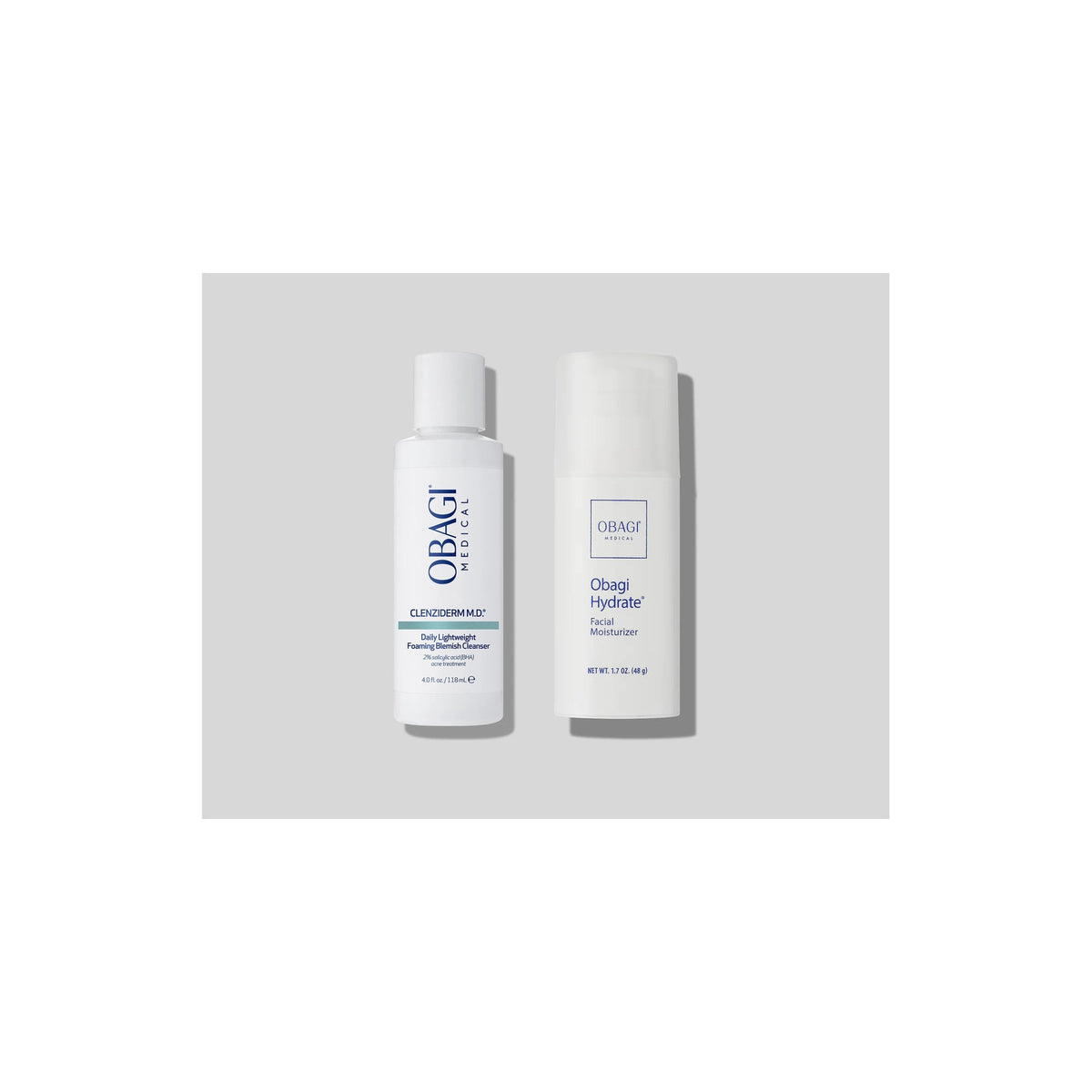 Obagi CLENZIderm M.D. Foaming Cleanser 118ml and Hydrate Facial Moisturiser 48g shown together, cleanse and hydrate duo for blemish-prone skin