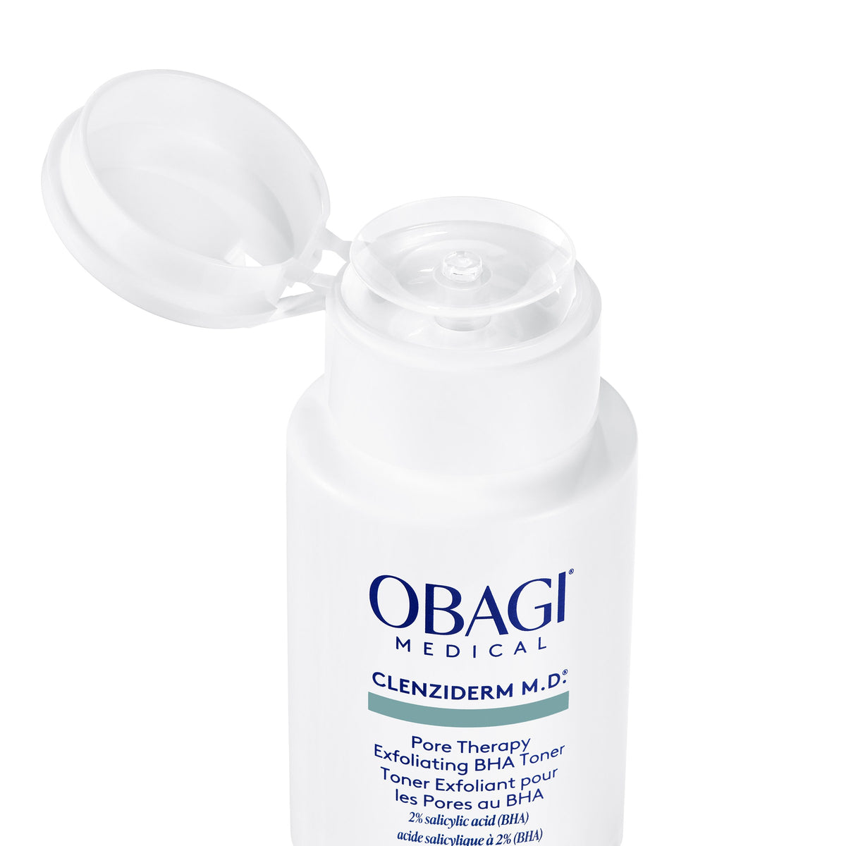 Obagi CLENZIderm M.D. Pore Therapy Toner 148ml bottle close-up, exfoliating BHA toner for blemish-prone skin