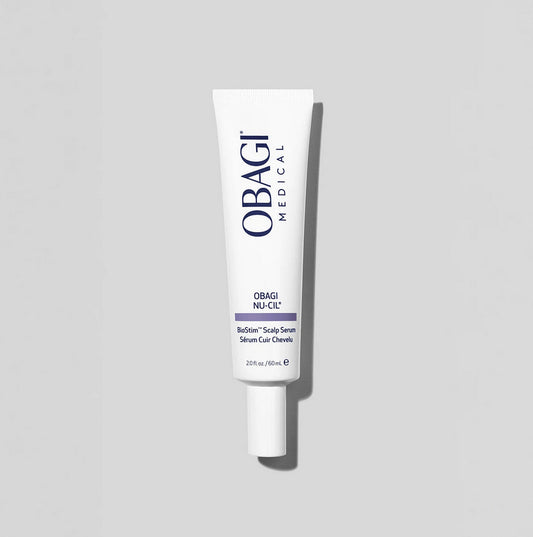 Obagi Nu-Cil Biostim Scalp Serum 60ml bottle with dropper, peptide scalp serum for thicker-looking hair