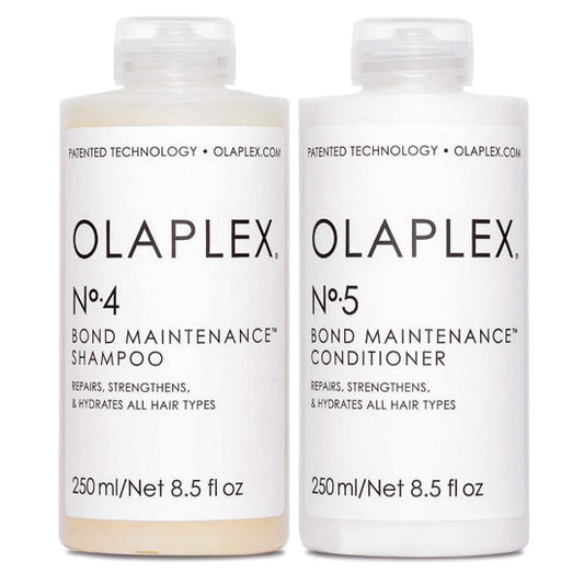 Olaplex No.4 Bond Maintenance Shampoo 250ml and No.5 Bond Maintenance Conditioner 250ml, shown side by side